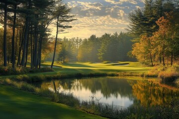 Fototapeta premium A serene golf course with a pond in the foreground and a lush green fairway in the background. The trees are starting to turn yellow and orange, signifying the change of seasons.