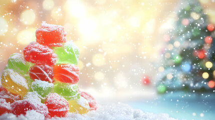 A colorful candy pyramid surrounded by snow, evoking a festive holiday atmosphere.