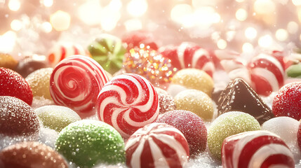 A festive assortment of colorful candies and sweets, evoking a joyful holiday spirit.