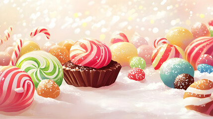 A colorful assortment of candies and a cupcake set against a whimsical background.