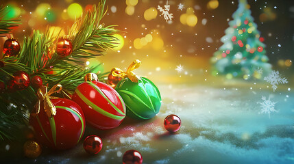 A festive arrangement of colorful Christmas ornaments with a decorated tree in the background.