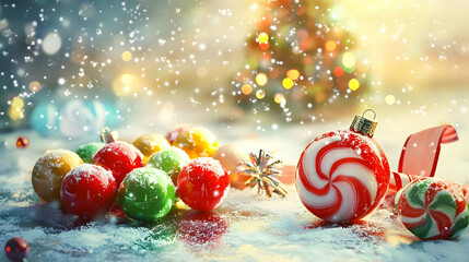 A festive arrangement of colorful ornaments and candy canes with a snowy background.