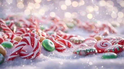 A festive assortment of colorful candies scattered on a snowy surface with a dreamy background.