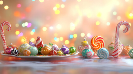 A colorful assortment of festive candies and sweets on a plate, creating a joyful atmosphere.