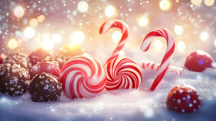 Festive candies and chocolates on a snowy surface with a warm, sparkling background.