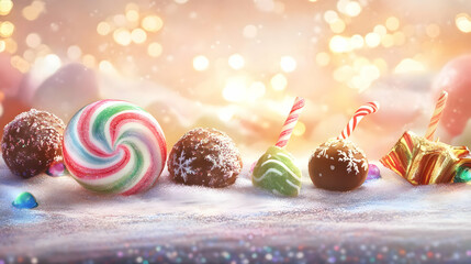 A festive display of colorful candies and chocolates on a snowy surface with a warm background.