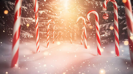 A whimsical winter scene featuring candy canes in a snowy landscape with soft lighting.