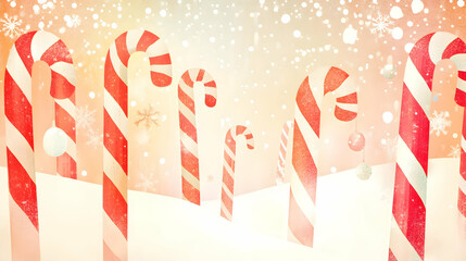 A whimsical winter scene with candy canes in a snowy landscape.