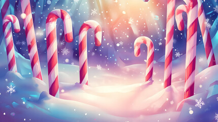 A whimsical winter scene featuring candy canes in a snowy landscape with a magical atmosphere.