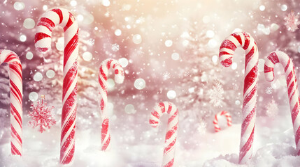 A whimsical winter scene featuring candy canes in a snowy landscape with soft snowfall.