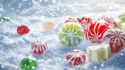 Colorful candies in the snow create a festive winter scene.