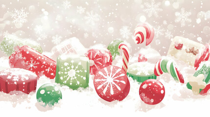 A festive assortment of colorful candies and treats surrounded by snowflakes.