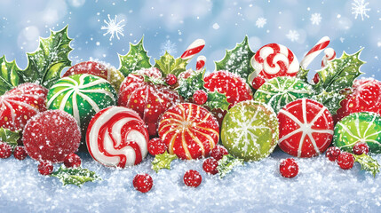 A festive arrangement of colorful candies and ornaments, evoking holiday cheer.