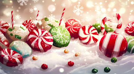 A festive display of colorful candies and sweets surrounded by a snowy background.