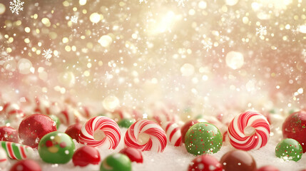 A festive assortment of colorful candies surrounded by a snowy backdrop and sparkling lights.