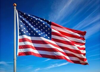 Obraz premium A brilliant American flag flutters against a bright blue sky, embodying the essence of freedom and patriotism, proudly