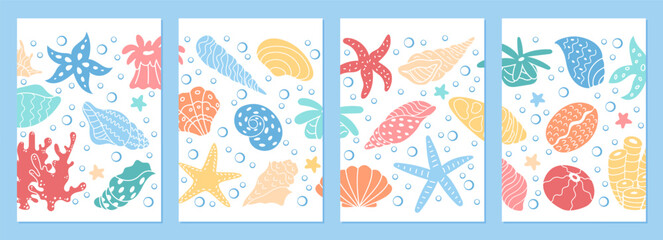 Underwater graphic set with diverse marine elements like coral reefs, starfish, and seashells. Captures vibrant life forms found under the sea, painted in a colorful cartoon design.