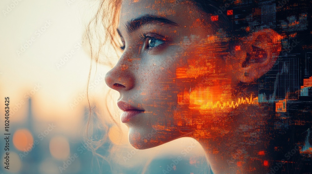 Poster a young woman's face is superimposed with a digital overlay of charts and graphs, creating a visual 