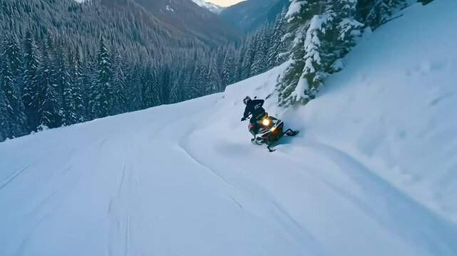 A thrilling snowmobile ride on a snowy mountain trail, showcasing winter adventure and extreme sports in a scenic landscape