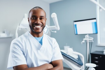 A dentist is cheerfully smiling while comfortably seated in a clean dental chair, ready to provide care to patients with professionalism