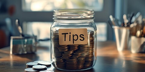 glass jar filled with coins, "Tips" text on jar, on tabletop
