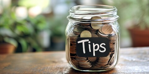 glass jar filled with coins, "Tips" text on jar, on tabletop