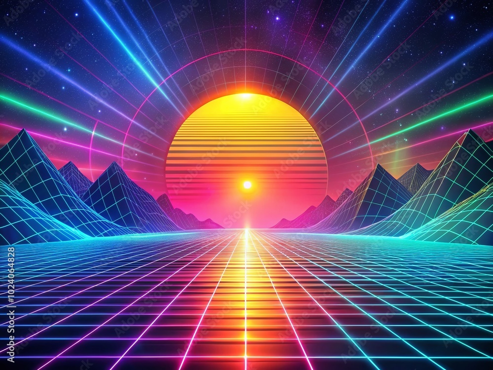 Poster abstract technology perspective: animated multicolor grid landscape with glowing lines and dynamic c