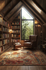 Design a vintage house with an attic converted into a cozy reading room