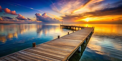 Obraz premium A calm wooden pier stretches over tranquil waters at sunset, offering breathtaking views that invite moments of peace
