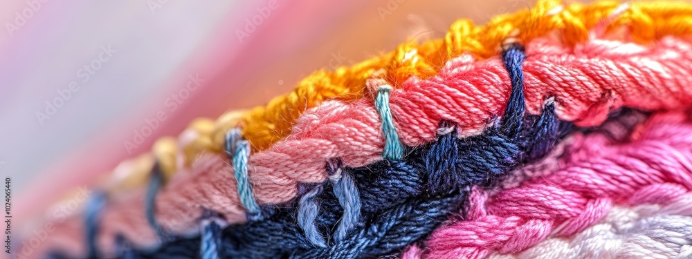 Poster close-up view of colorful woven fabric with intricate patterns and textures