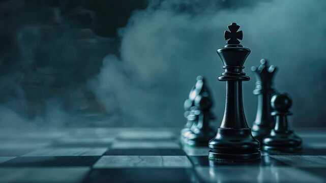 Chess Pieces on a Board with Dramatic Lighting and Depth of Field in a Dark Atmosphere