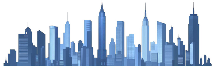 A stylized cityscape silhouette with towering skyscrapers