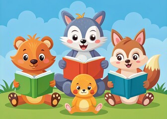 Naklejka premium Adorable Cartoon Animals Reading Books: Vector Illustration in Flat Style for Kids' Education and Fun Learning Themes