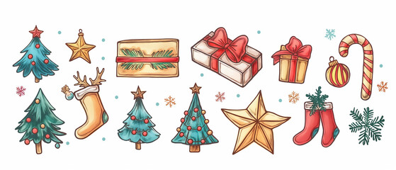 Christmas Holiday Decor Elements Hand-Drawn Illustration