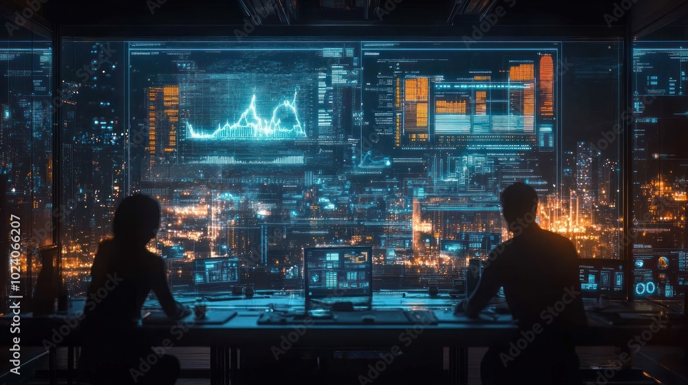 Aufkleber two silhouettes of people working on computers in a futuristic office with large digital screens dis