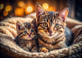 Adorable Cute Tabby Cat and Playful Kitten Snuggling Together in a Cozy Home Environment for Heartwarming Moments