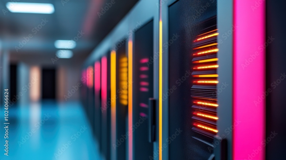 Poster modern data center with colorful server lights