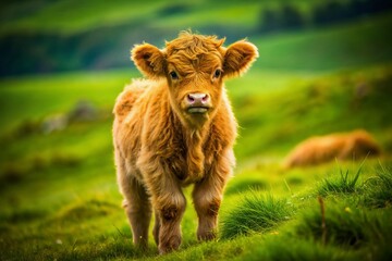 Fototapeta premium Adorable Tilt-Shift Capture of a Furry Scottish Highland Calf in Lush Green Pastures for Nature Lovers