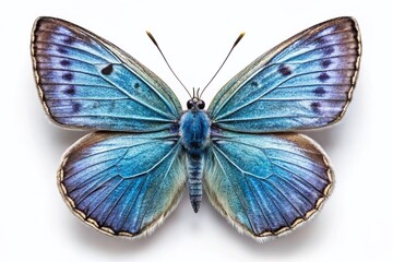 Aerial capture of a Lesser Grass Blue Butterfly against a pristine white background, showcasing the delicate beauty of nature and the intricacies of