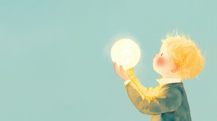 Child holding a glowing ornament in awe, holiday wonder, magical decoration