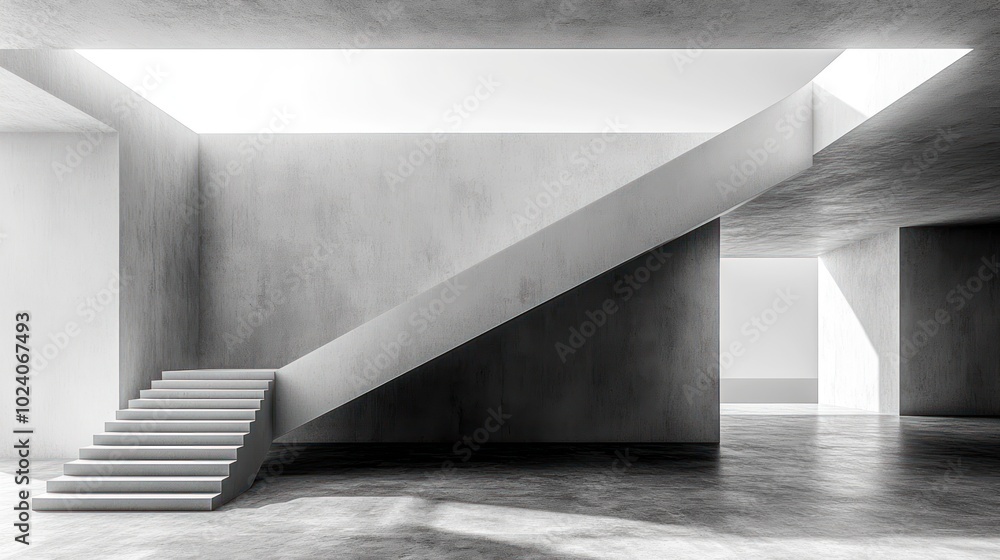 Poster minimalist concrete staircase in a modern building with a large window letting in natural light.