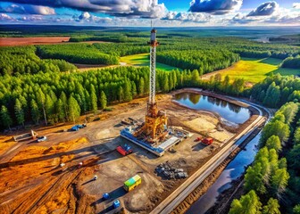 Aerial View of Construction Site for Drilling Rig on a Bog - Heavy Machinery and Industrial Development in