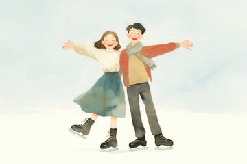 Couple ice skating under softly glowing holiday lights, magical romance