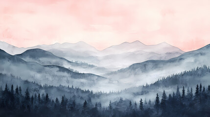 Obraz premium Misty mountain landscape at dawn with soft pink and gray hues reflecting the early morning light. Watercolor Landscape. Illustration