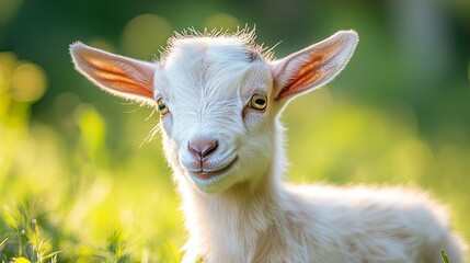 Obraz premium A baby goat is standing in a field of grass