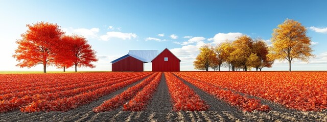 Vibrant autumn scene featuring a red barn and colorful trees