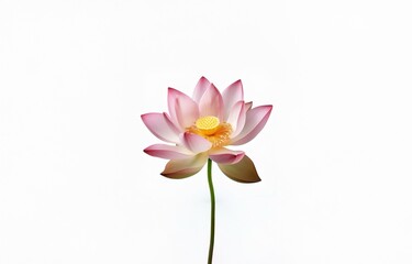 Fototapeta premium A pink lotus flower with yellow center on a plain white background.