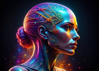 AI Head Profile in Digital Art Against Black Background - Futuristic Technology Concept for AI and Digital Innovations