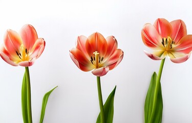 Naklejka premium Three open tulips with yellow centers and orange-pink petals are arranged in a row on a white background.