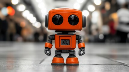 Fototapeta premium A small orange robot with black eyes and limbs stands on a tiled floor